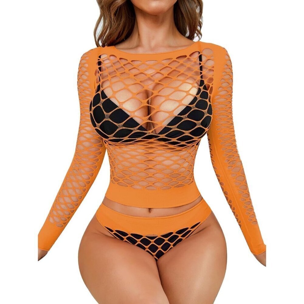 🆕Women Orange Mesh Lingerie Fishnet Babydoll Bodysuit Long Sleeve See Through